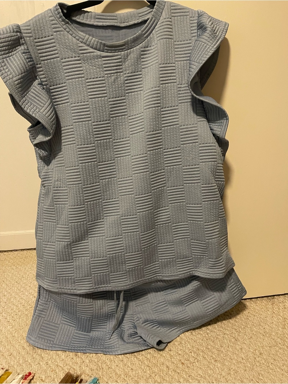 SHEIN Light Blue Textured Ruffle Sleeve Top and Shorts Set
